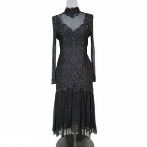 Vintage Judith Ann Creations Black Mock Neck L/S Sequin Midi Dress Formal Gothic